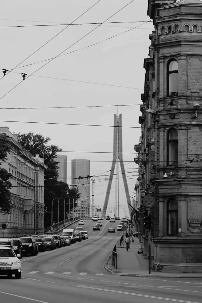 A street in central Riga looking toward the Vanšu Bridge